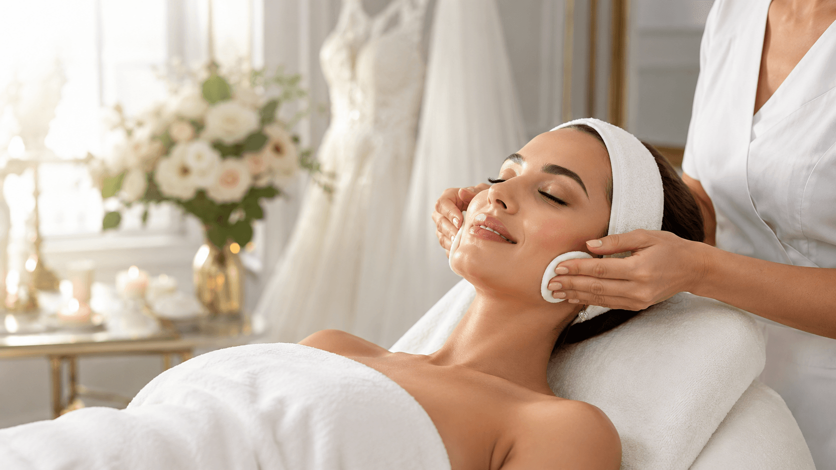 A bride receiving a facial treatment in a bright studio, with a wedding dress and white florals behind her